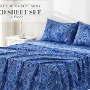 BRAND NEW.. QUEEN bedlife Blue Paisley Patterned Ultra Soft Sheet Set.  4 Piece